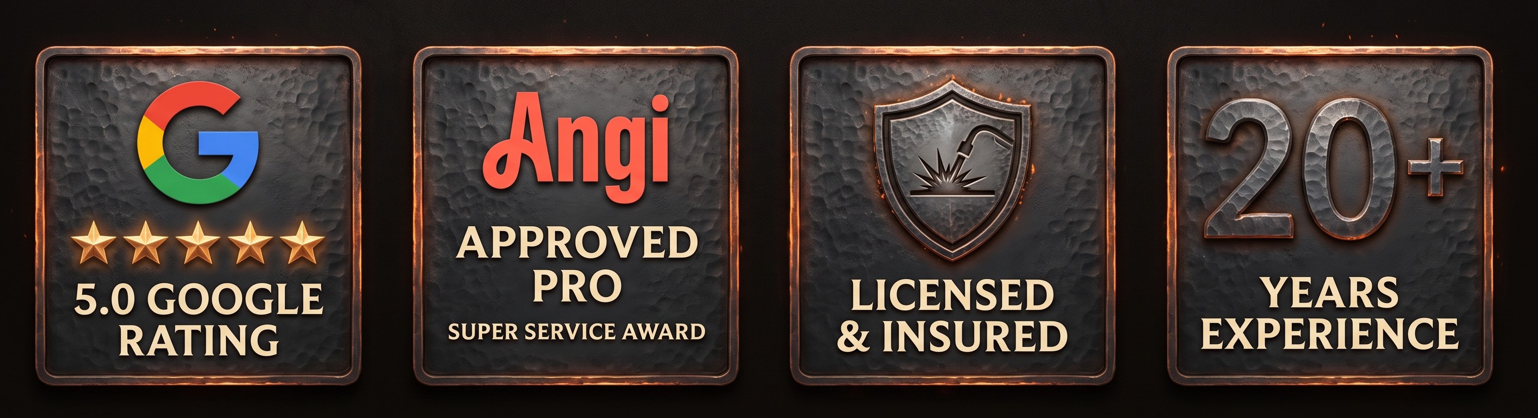 3D Custom Welding credentials: 5.0 Google rating, Angi Approved Pro with Super Service Award, licensed and insured, over 20 years of experience