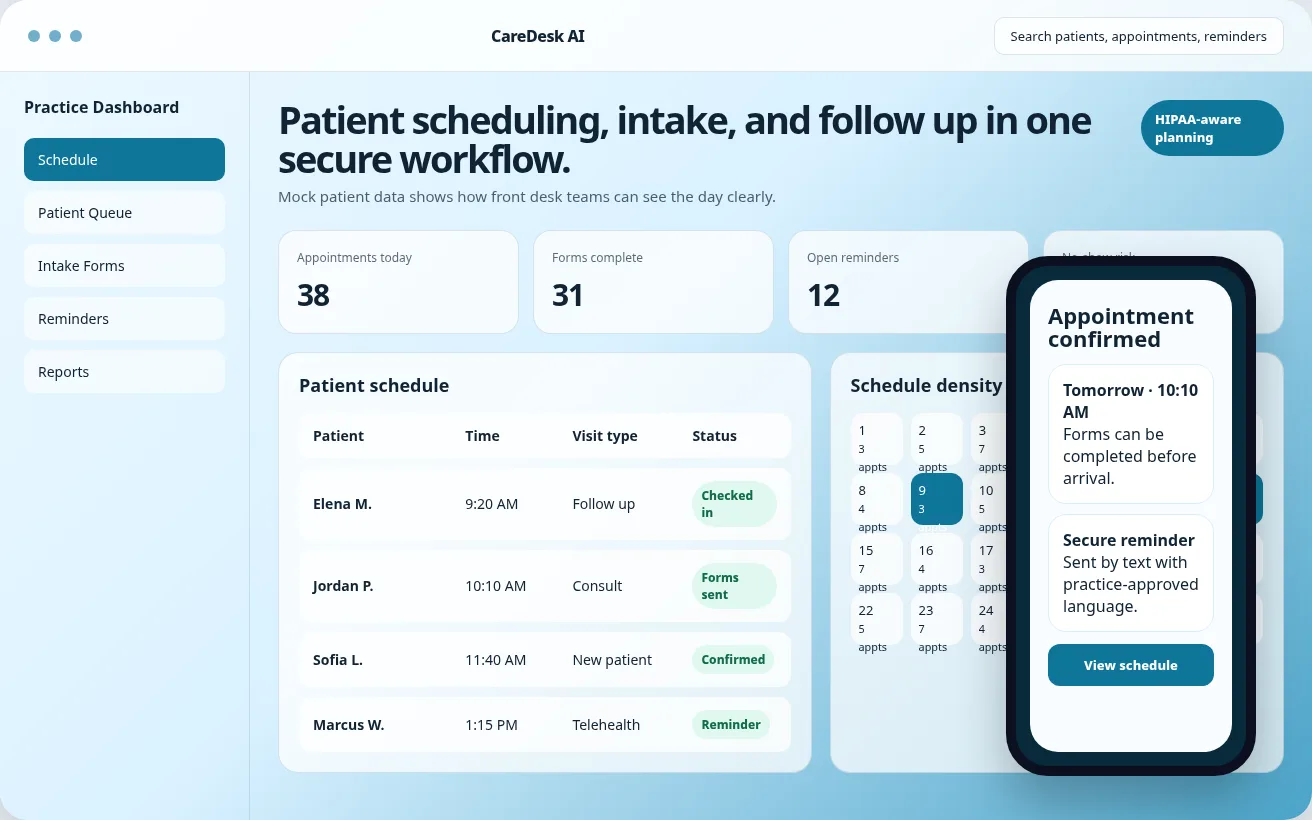 Medical scheduling app mockup with patient information, appointments, intake forms, reminders, and scheduling dashboard