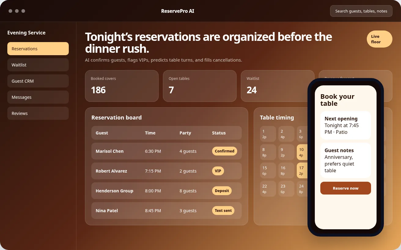 Restaurant reservation app mockup with table management, waitlist, guest CRM, and mobile booking screen