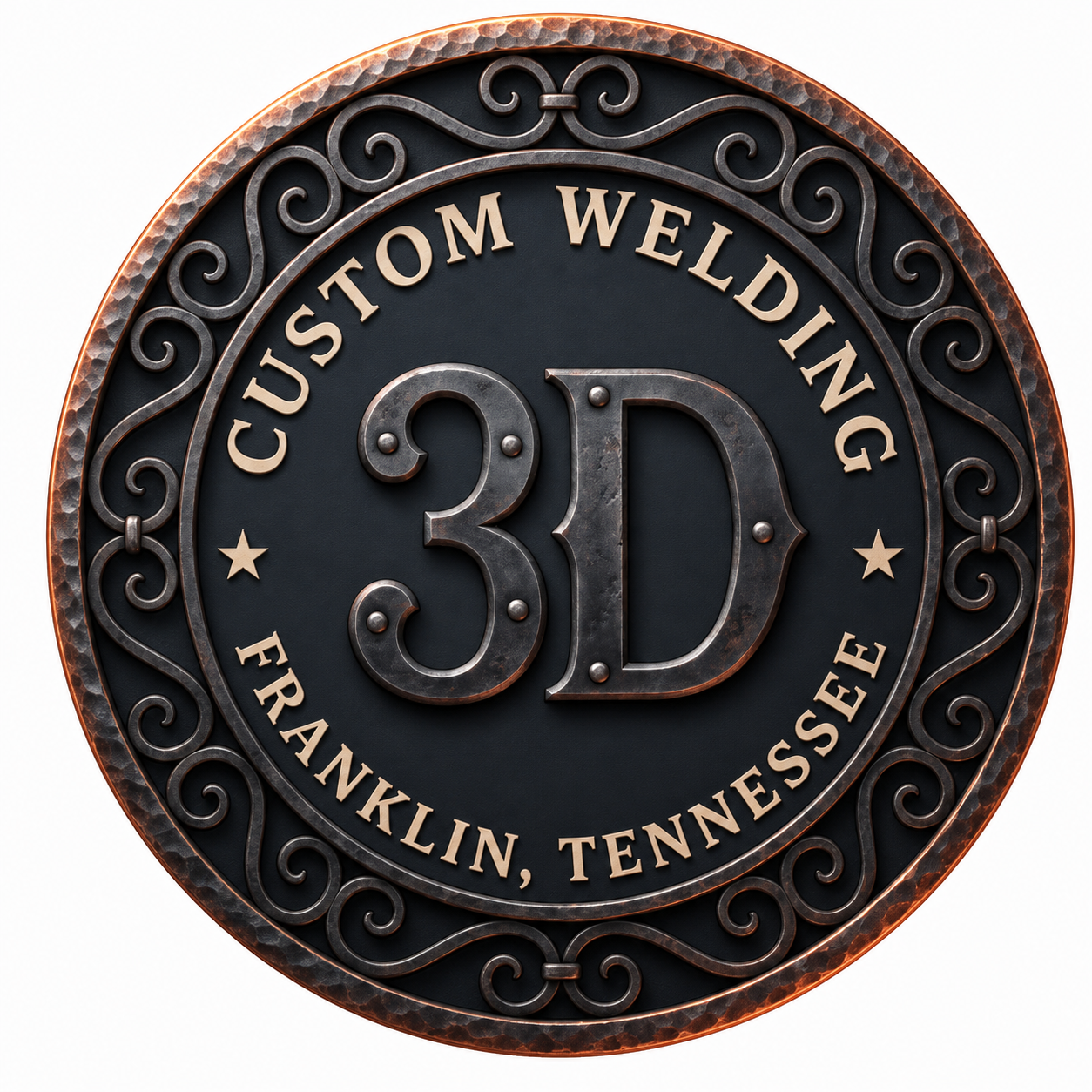 Circular forged-metal 3D Custom Welding badge with copper highlights and Franklin Tennessee lettering