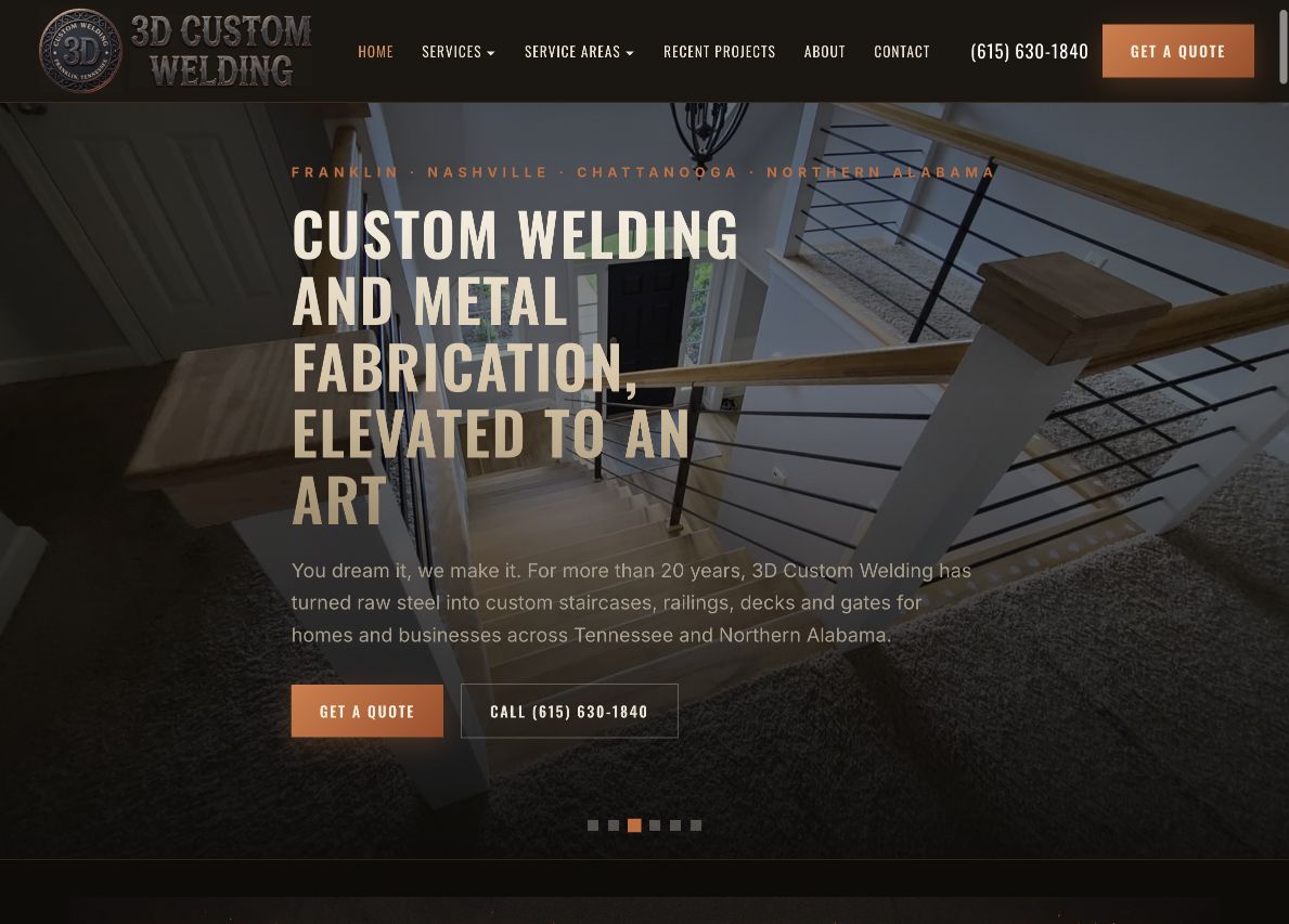 Redesigned 3D Custom Welding homepage with forged-metal branding, dark tones, project photography, and quote buttons