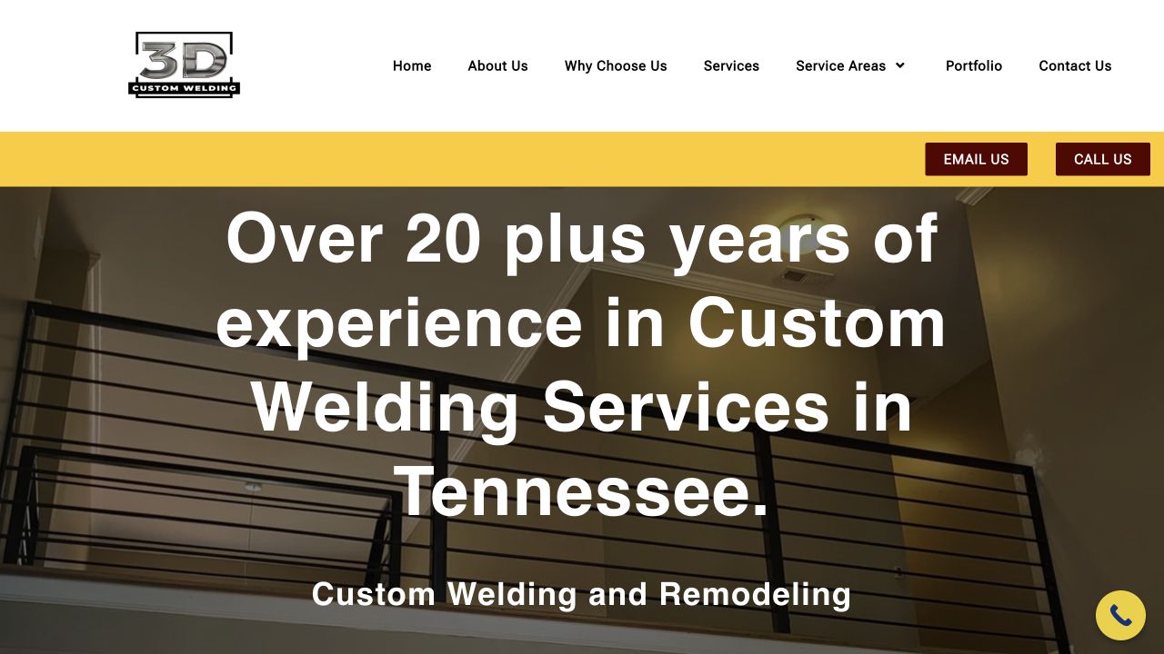 Original 3D Custom Welding homepage with white navigation, yellow accent bar, and large text over a railing photo