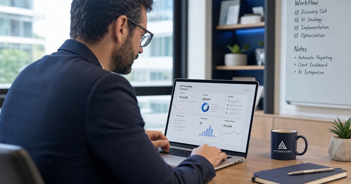 Small business owner reviewing AI cost savings, lead follow-up, and automation dashboard