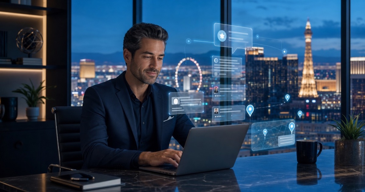 Las Vegas business owner reviewing AI search recommendations and local visibility signals