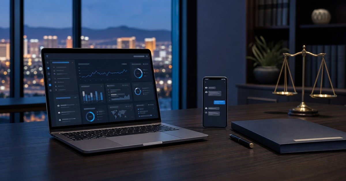 Las Vegas law office technology desk with website analytics, digital intake, and security dashboard
