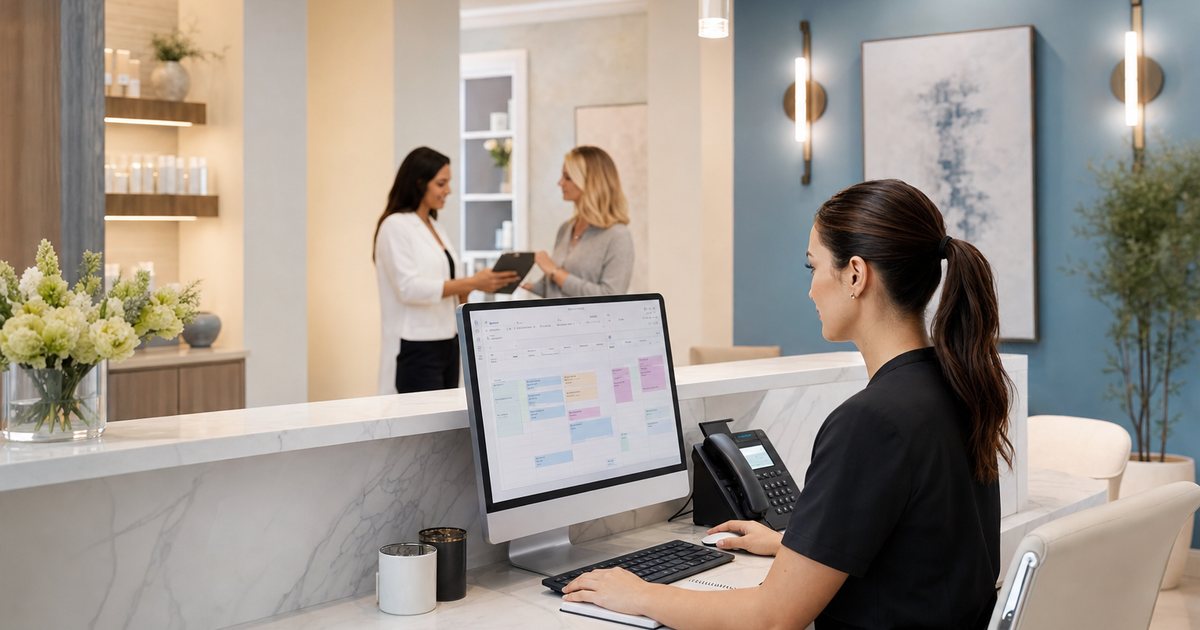 Modern med spa reception desk with appointment technology for AI front desk automation