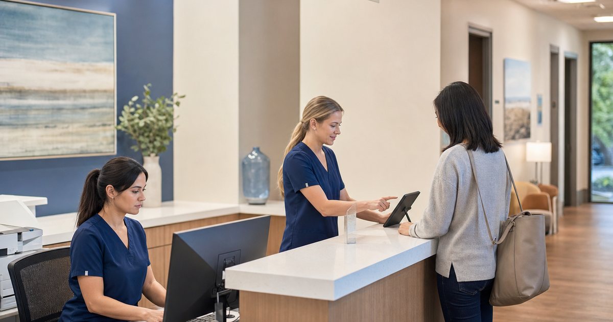 Medical office reception team using secure AI intake and scheduling workflow