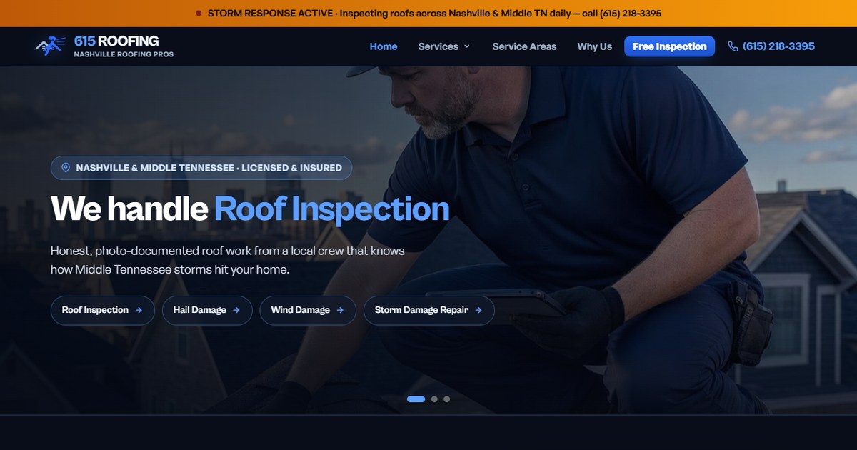 Nashville roofing website header showing roof inspection messaging and storm response lead capture