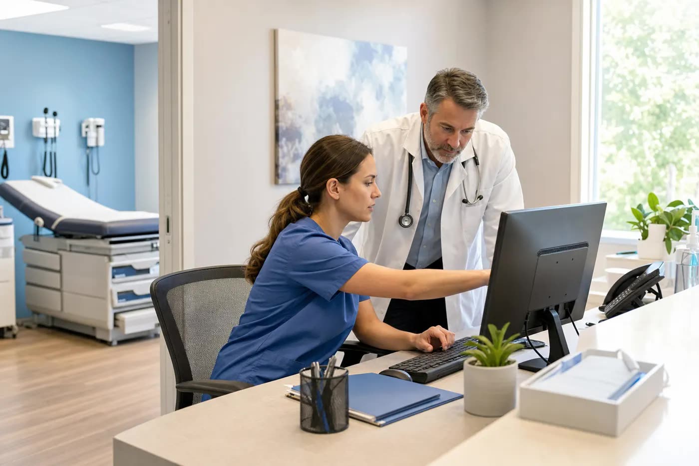 Doctor and coordinator reviewing patient scheduling tools