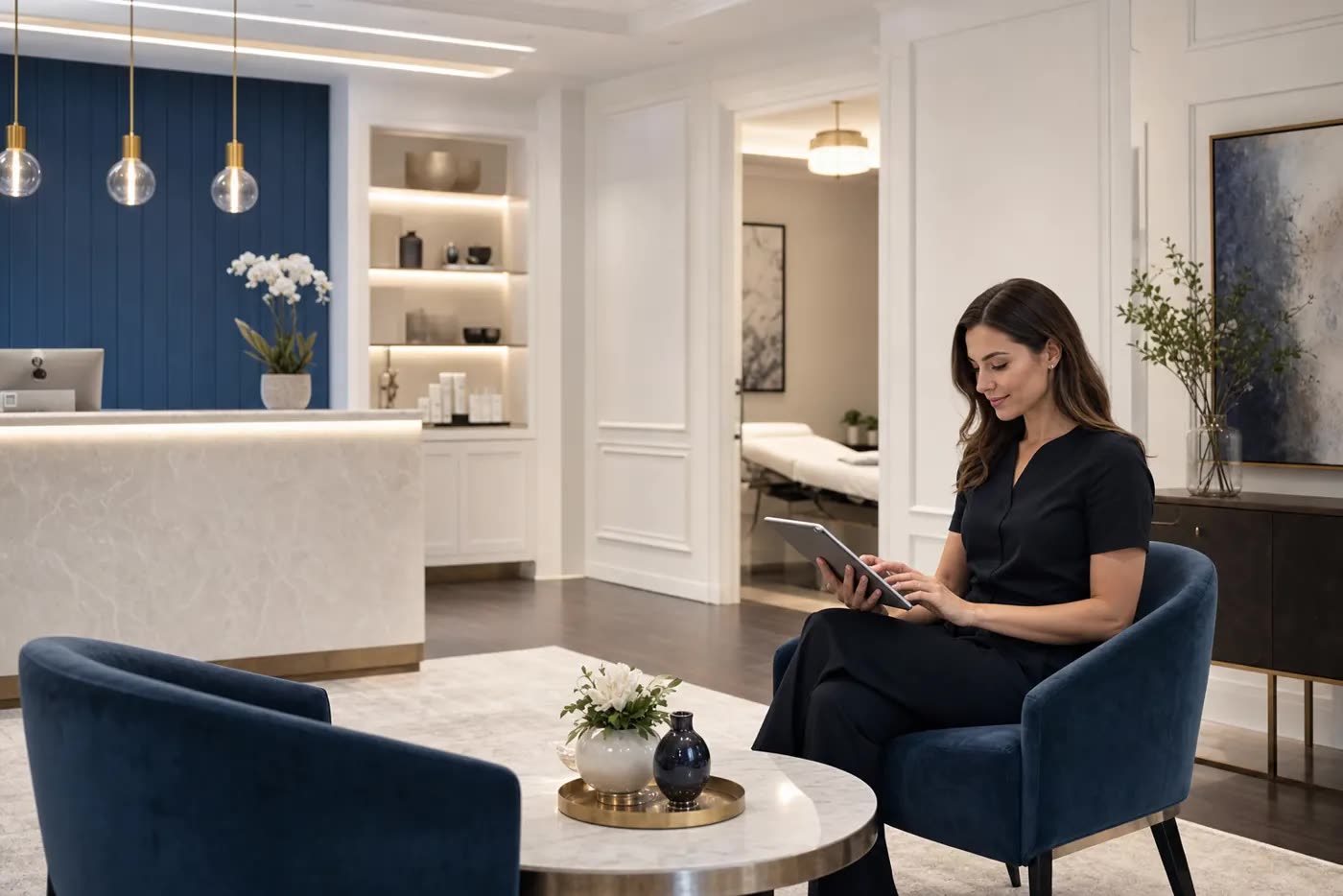 Med spa team using a tablet in a luxury consultation area