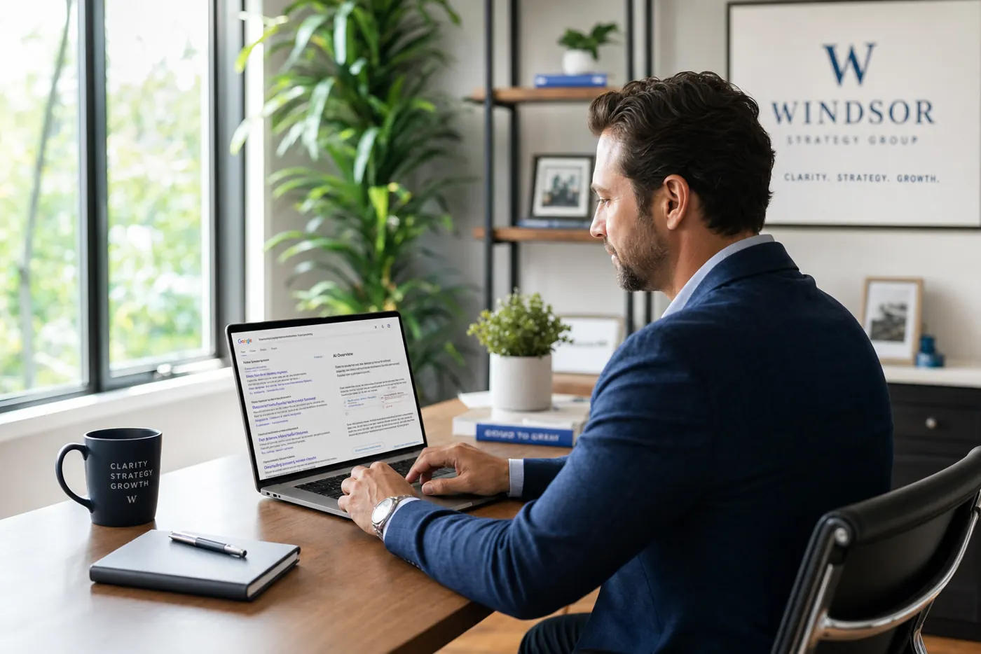 Business owner reviewing AI search visibility on a laptop