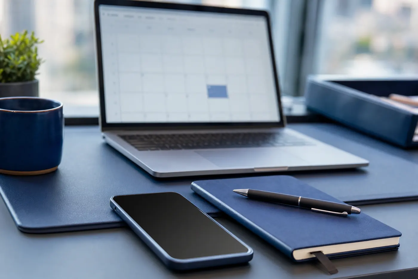 Desk prepared for an AI consultation call with laptop and phone