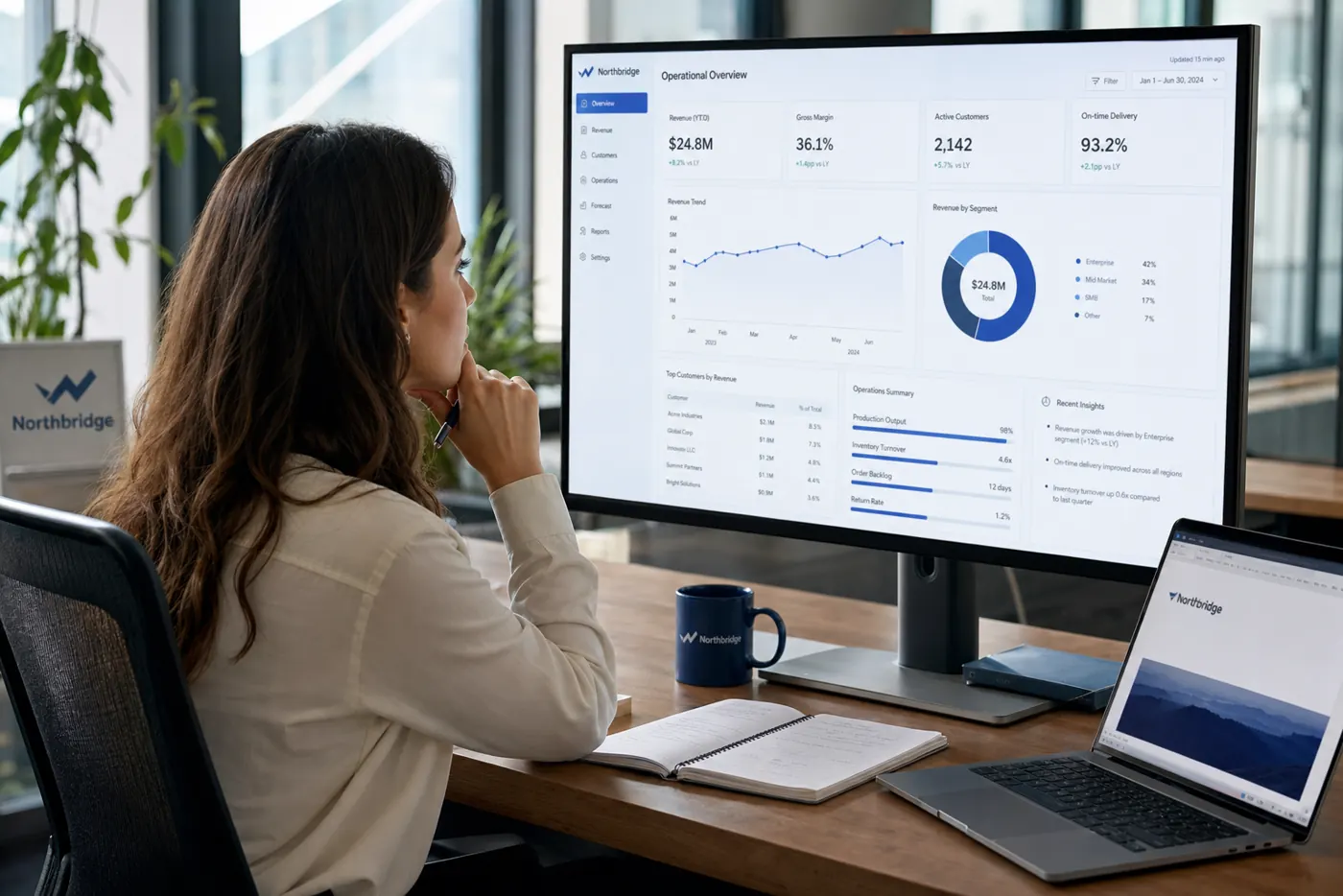 Business analyst reviewing operational performance dashboards