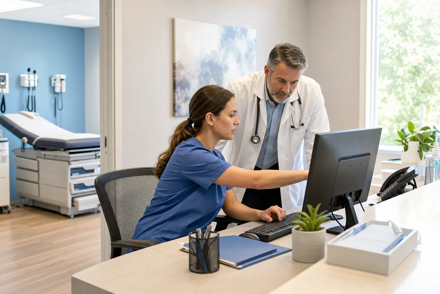 Doctor and coordinator reviewing patient scheduling tools