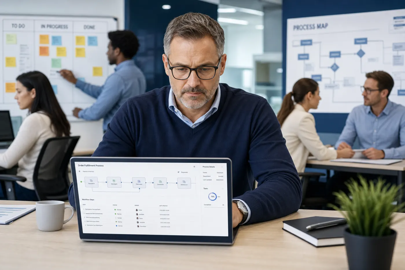 Operations manager reviewing automated workflow dashboards