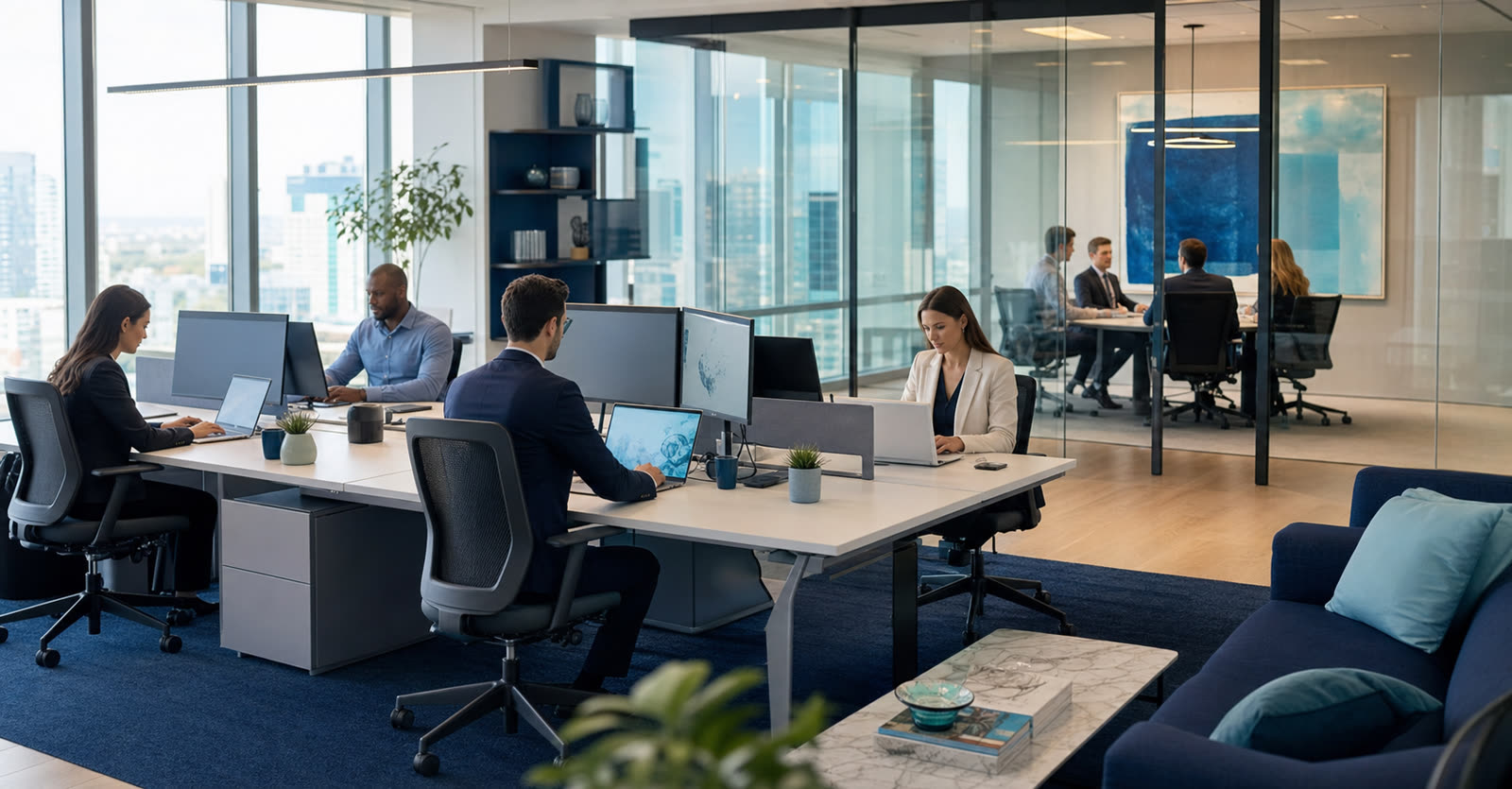 Professional office team reviewing website design on large monitors
