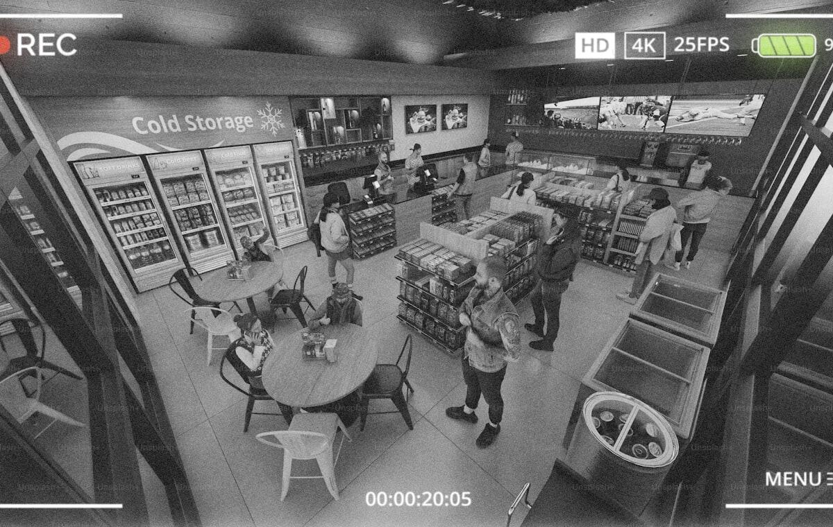 Retail security camera view of a store aisle