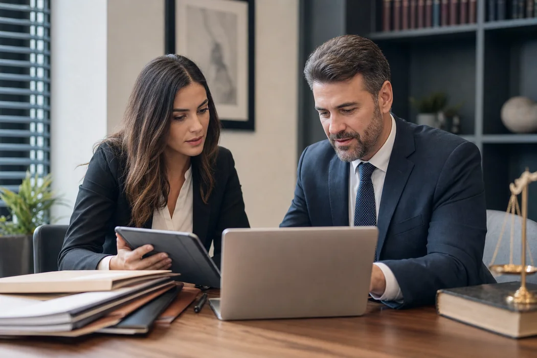 Attorney and paralegal reviewing client communication in a law office
