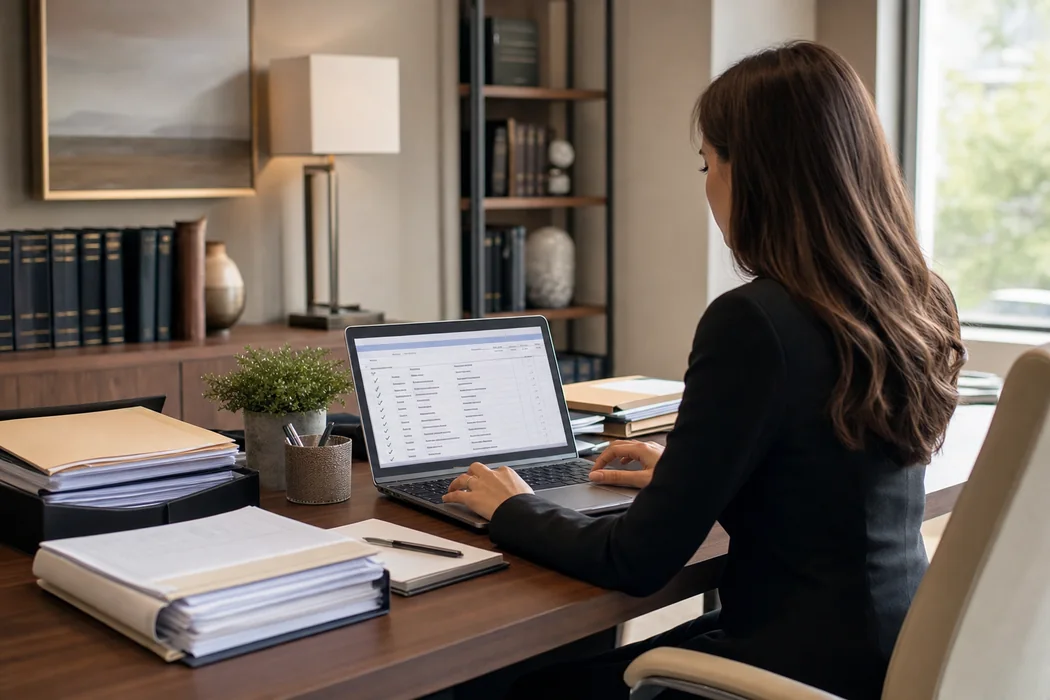 Legal document workflow and checklist review in a professional office