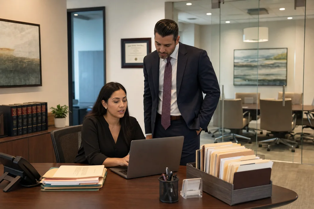 Legal team reviewing new client intake in a modern law office