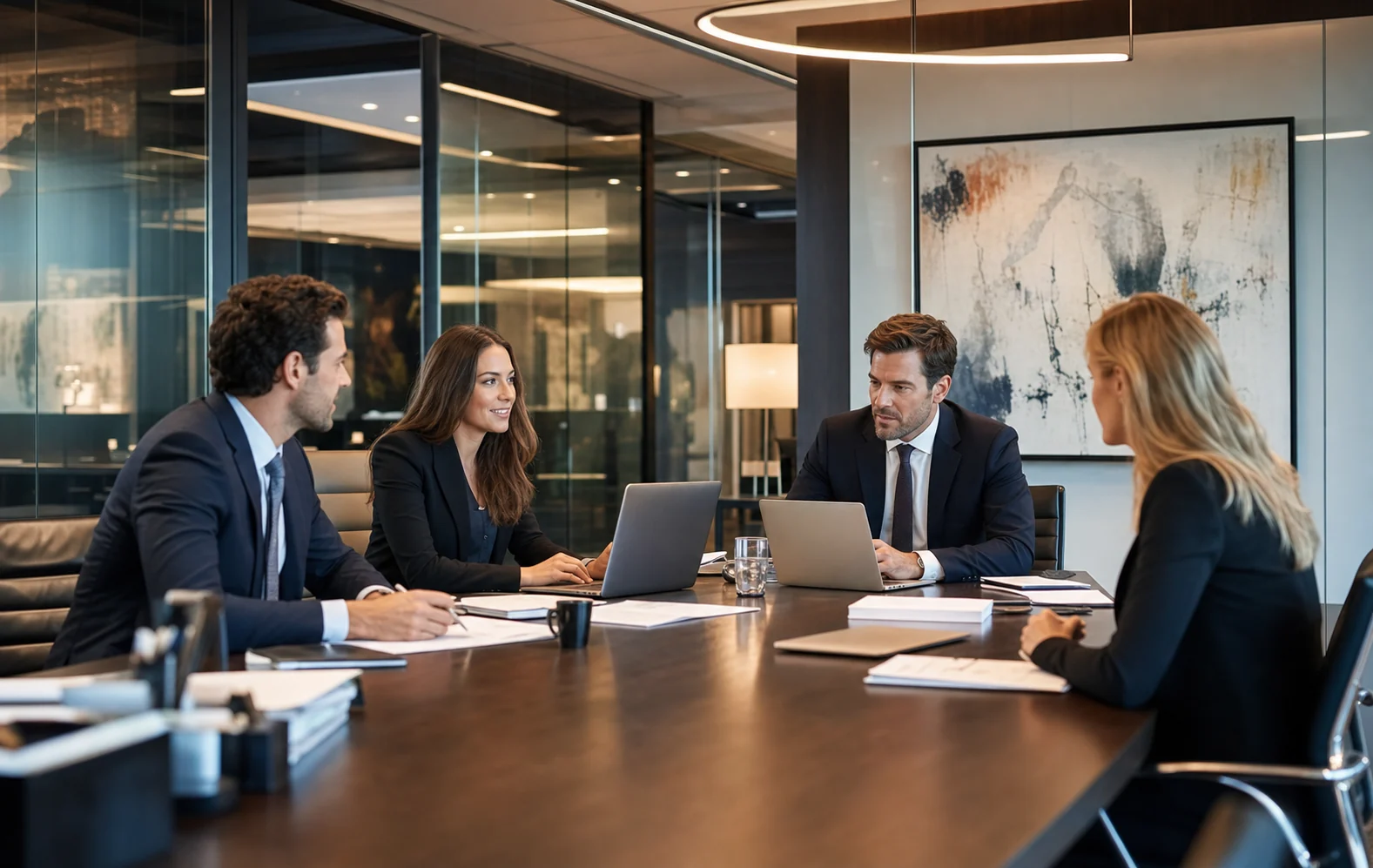 Modern law firm team reviewing client intake and legal workflow on laptops