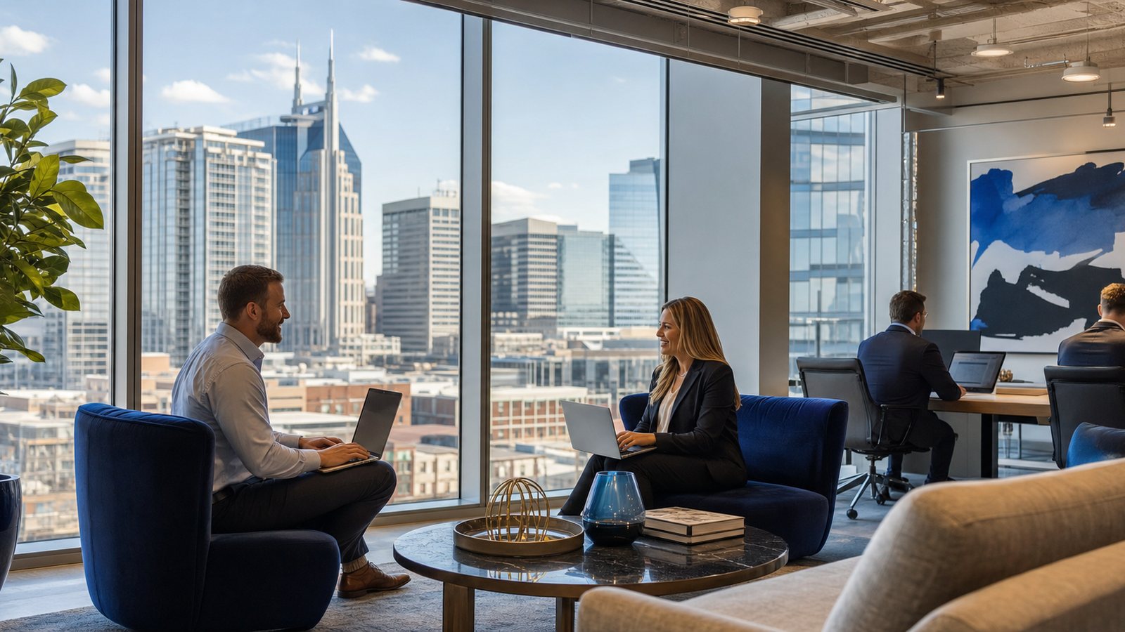 Modern Nashville office with professionals working on laptops and downtown skyline
