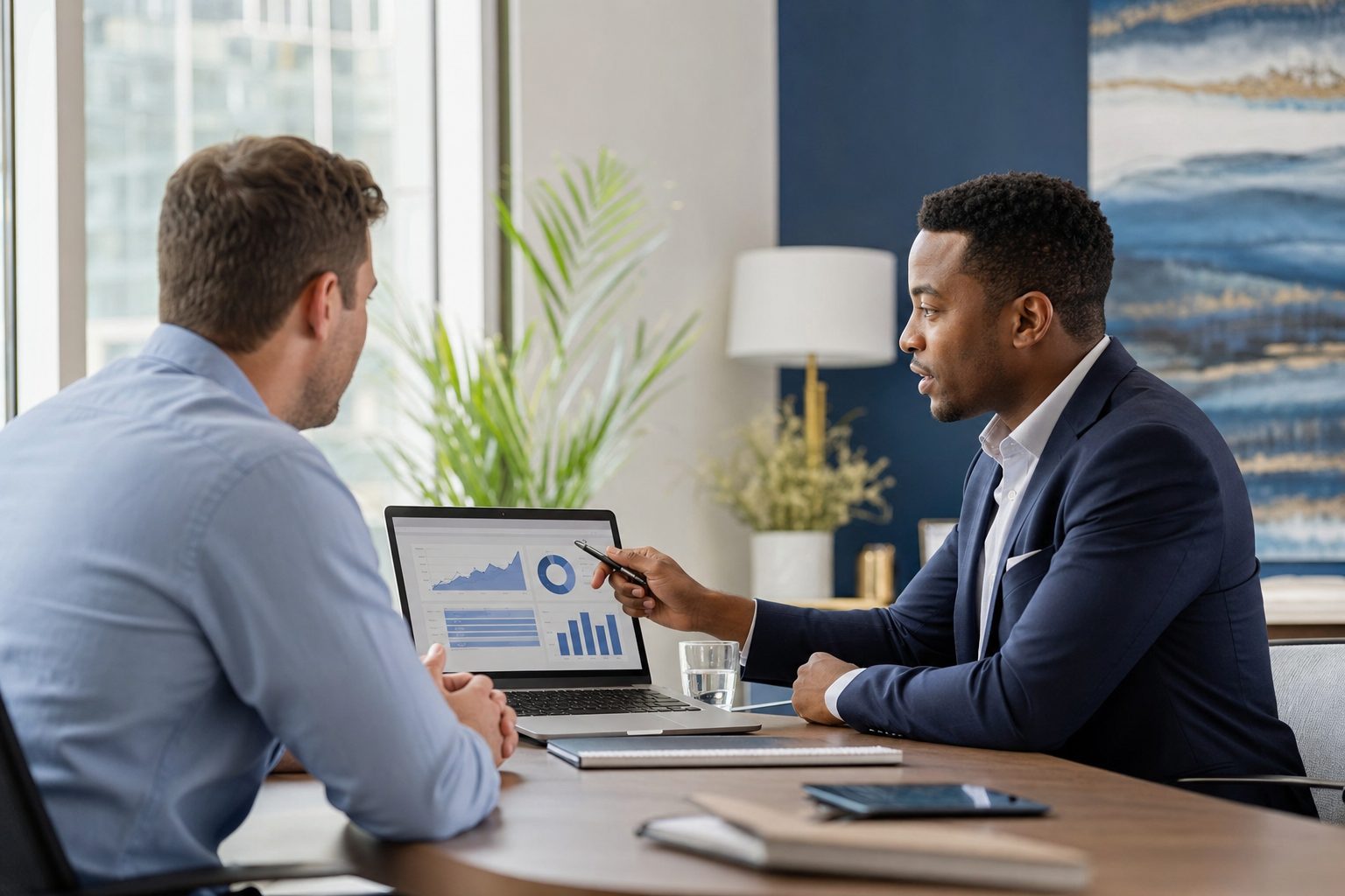Consultant reviewing lead flow and website performance with a business owner