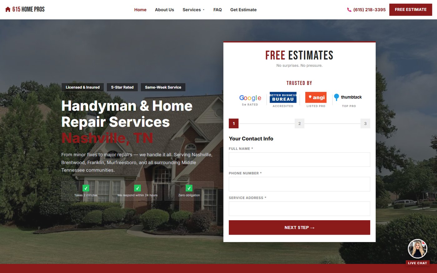 615 Home Pros website screenshot showing handyman services and free estimate form