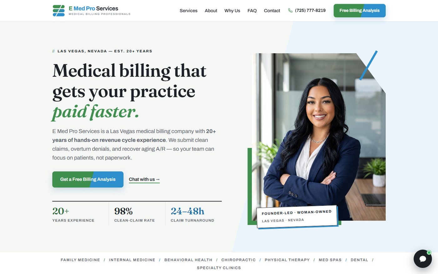 eMed Pro Services medical billing website desktop screenshot showing the Las Vegas revenue cycle brand hero, trust stats, and free billing analysis call to action