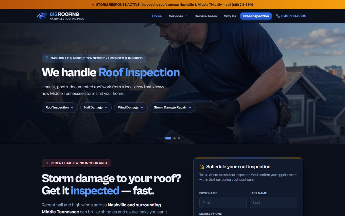 Nashville Roofing website screenshot showing roof inspection messaging and storm damage lead capture form
