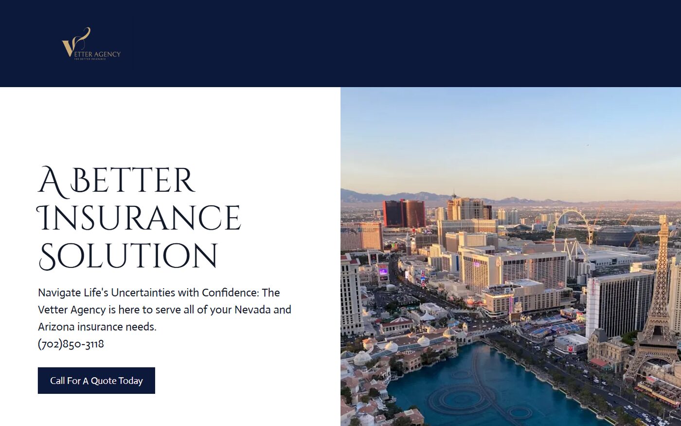 Vetter Agency insurance website screenshot showing Las Vegas insurance positioning and quote call to action