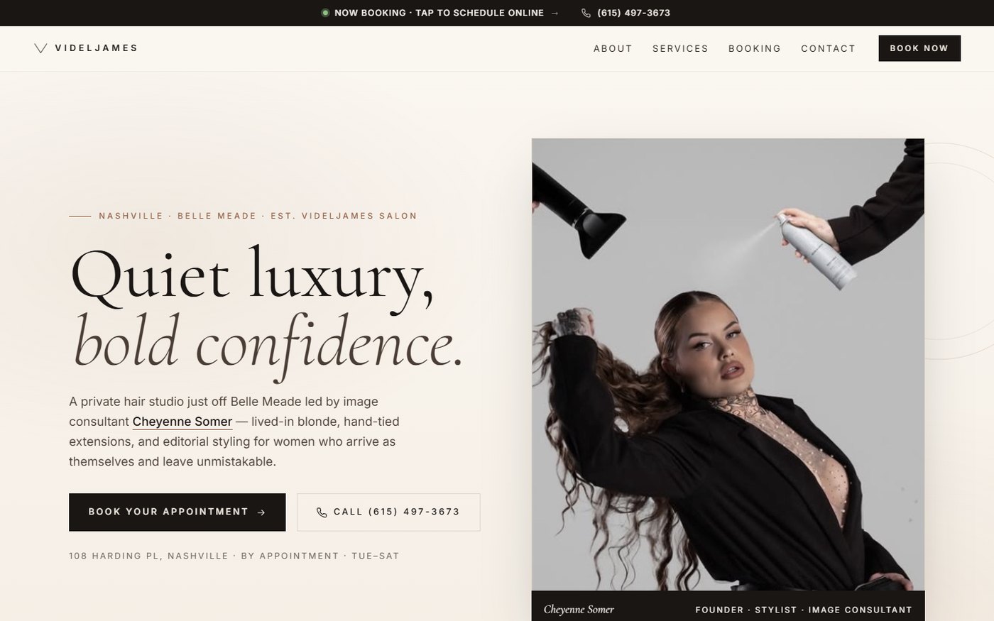Videljames Salon website screenshot showing quiet luxury salon branding and booking call to action