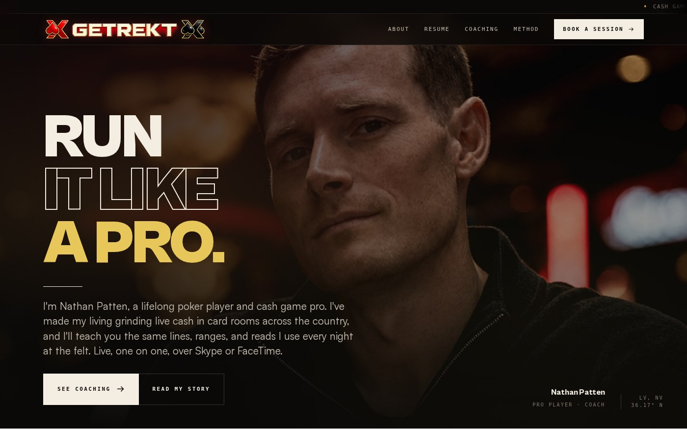 xGetRektx poker coaching website desktop screenshot showing dark premium hero and booking navigation