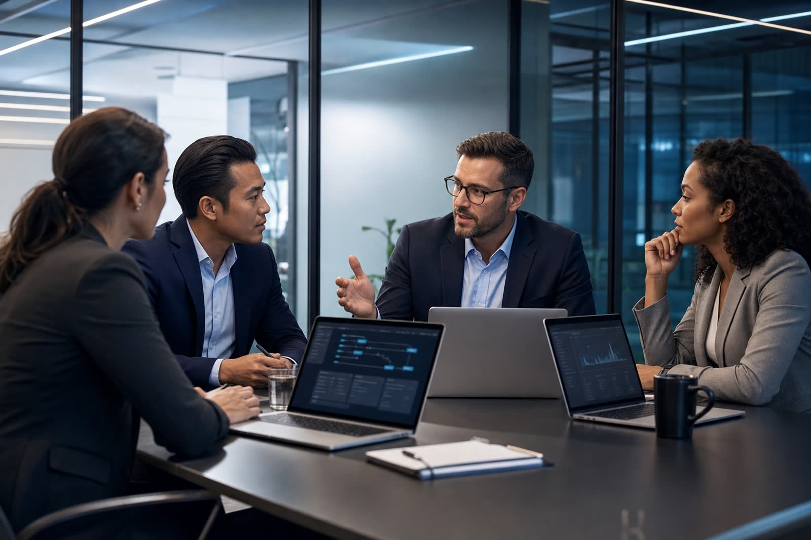 AI consultant reviewing business workflow dashboards with local business owners