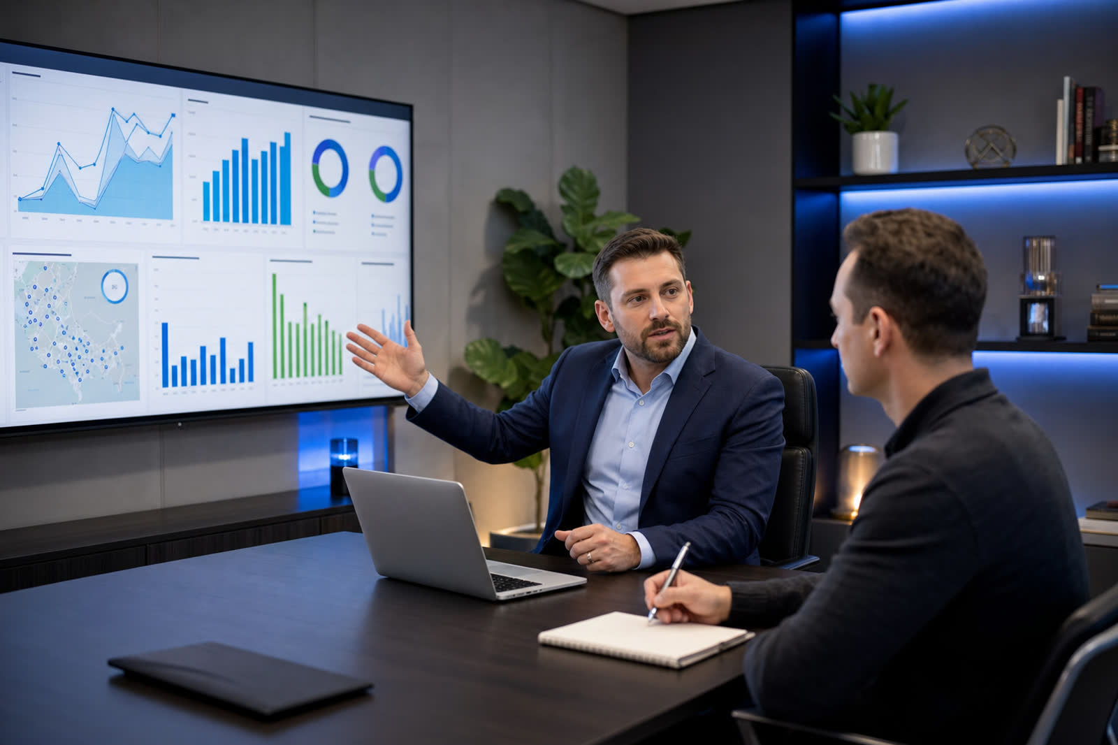 AI search visibility and local SEO strategy meeting in a modern executive office