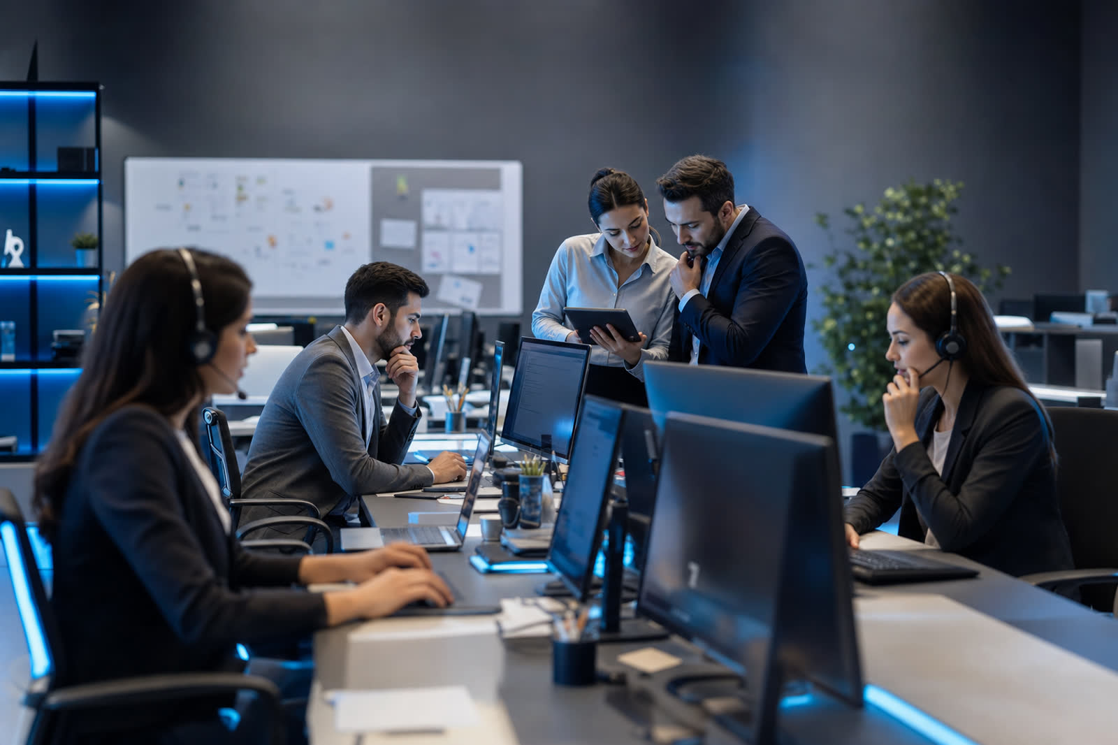 Business team managing chatbot conversations and CRM leads in a modern office