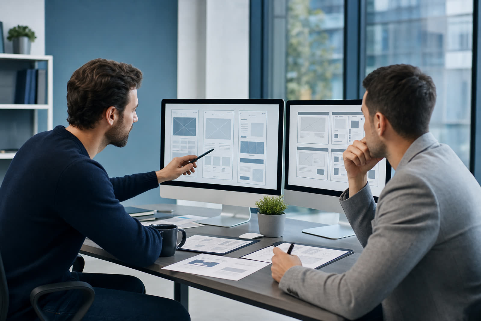 Modern web design strategy meeting with website wireframes on office monitors